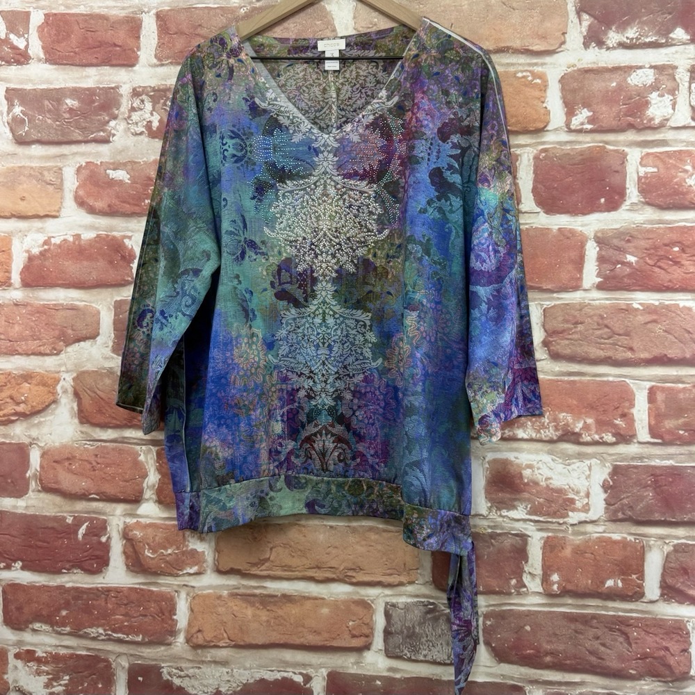Chicos Top Women's XL Multicolor Boho Floral Abstract Tie Bottom Casual Shirt - Picture 3 of 8